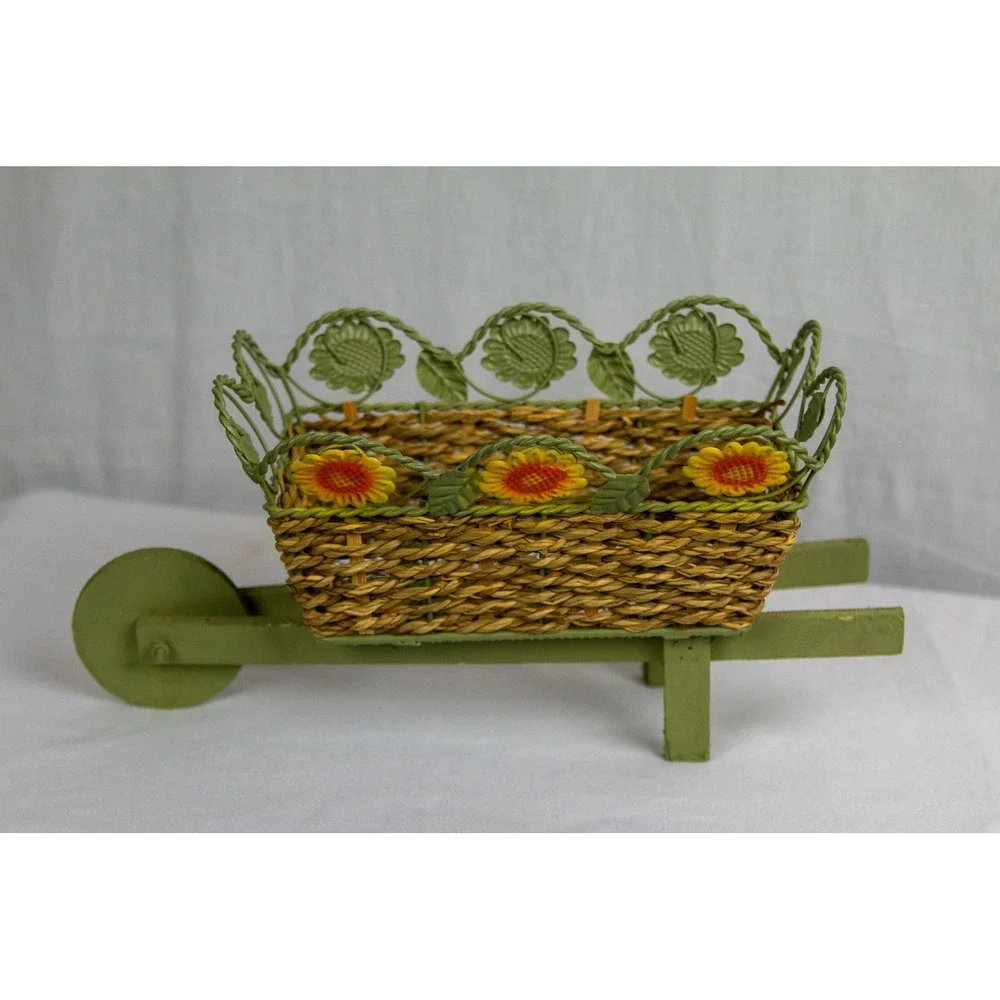 Vintage Style Wicker Wheelbarrow Planter Sunflower Metal Garden Decor Green